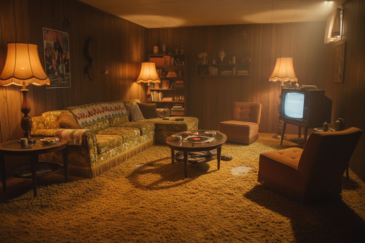 make a video of walking into a 70's themed basement its grungy with yellows and browns. the lighting is dim but reminds you of a warm cozy experience. 